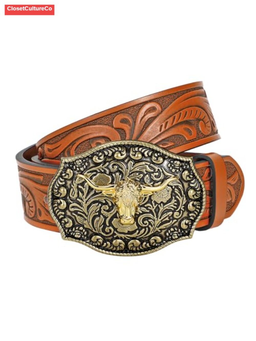 Western Leather Belt Vintage Engraved Floral Buckle Cowgirl Waist Belt